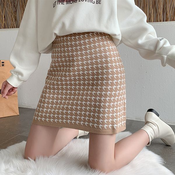 

2021 new retro spring new houndstooth knit high waist skirt blr7, Black