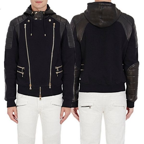 

man biker sweat jacket male multi zip and leather patch casual hoodie men motocycle sweatshirt jumper, Black