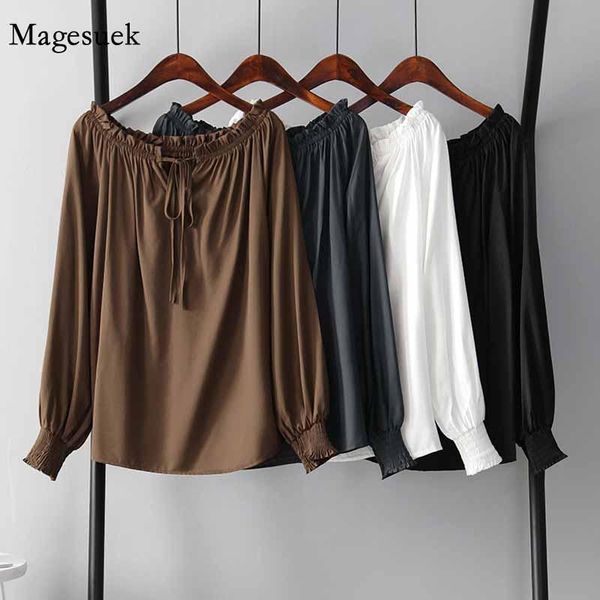 

plus size casual lantern sleeve chiffon pullover women's blouse 2021 autumn shirt women's solid loose female clothing 11443, White
