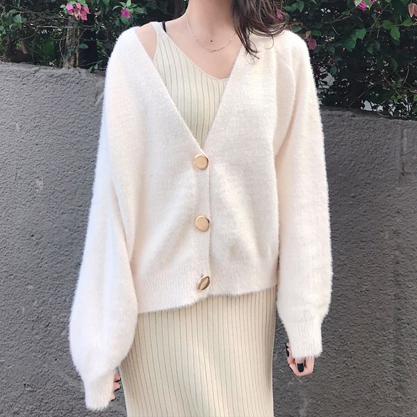 

2021 new faux mink v-neck cardigan women solid elegant knitted jacket autumn winter outerwear loose clothes pull femme kardigan 5sra, White;black