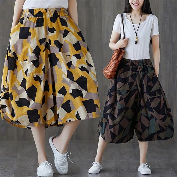 

summer pants women print flower pattern wide leg loose linen dress pants womens casual trousers capris harem, Black;white