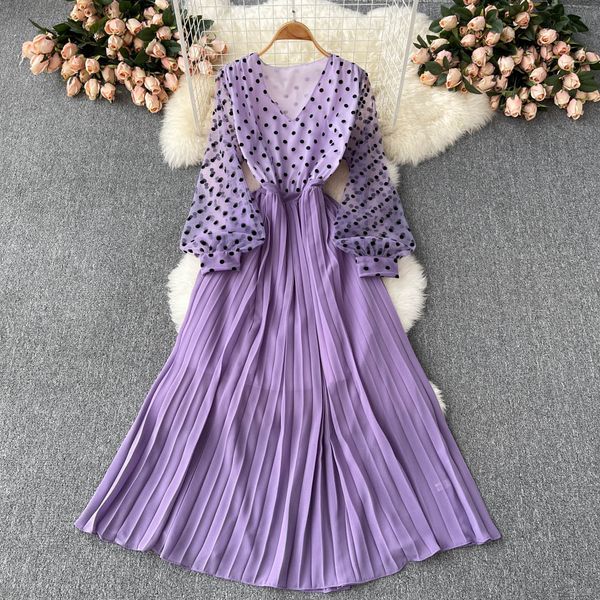 

spring autumn women polka dot mesh pleated dress vintage v-neck lantern long sleeve draped party vestidos female new fashion 2022, Black;gray