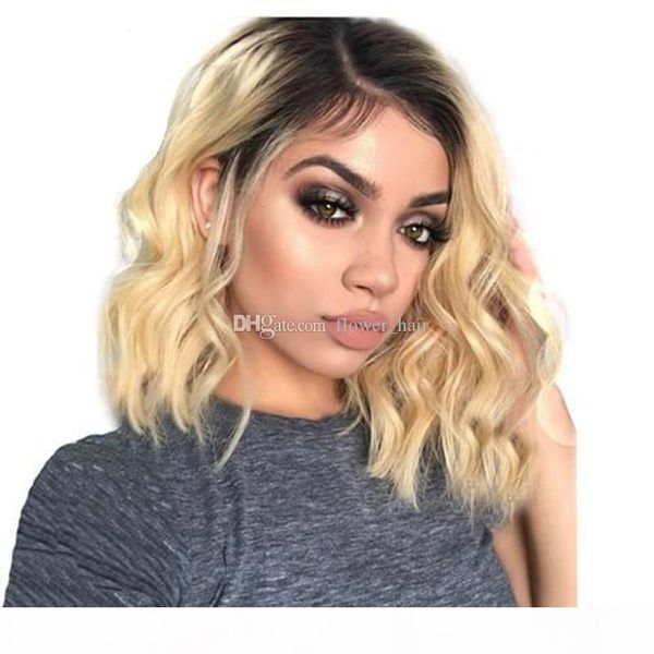 

short wavy brazilian remy human hair lace front wig ombre blond 1b #613 bob cut lace wig pre plucked baby hair, Black;brown