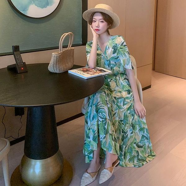 

women's tracksuits big fat sister 2021 summer chiffon waistband slim matcha green dress fairy french temperament, Gray