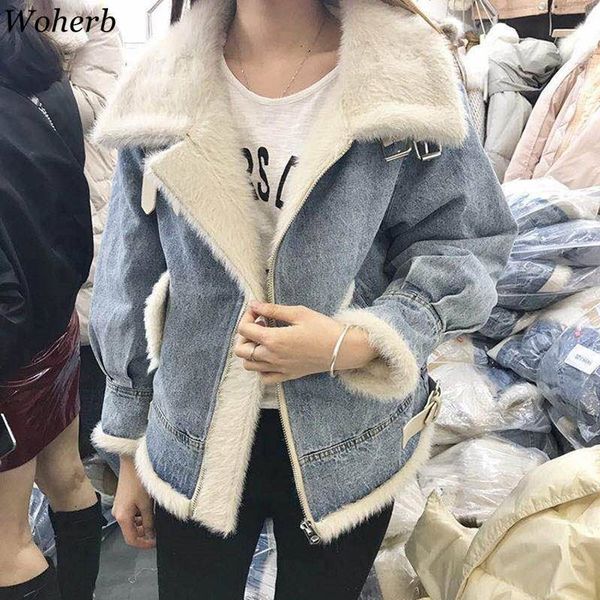 Woherb Giacca di jeans in cotone spesso invernale Donna Cappotto vintage coreano caldo Jeans Giacche Donna Capispalla allentata Chaqueta Mujer 201029