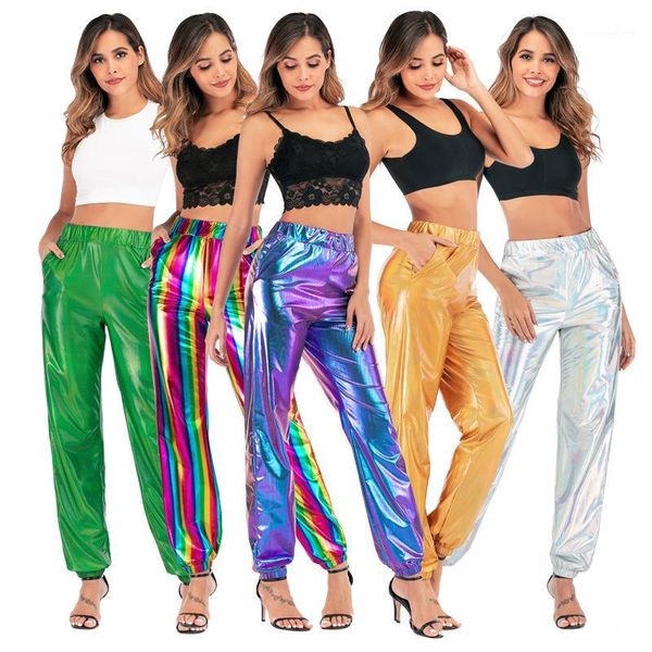 

womens glitter metallic jogger pants holographic sweatpant beam foot harem hip hop dance trousers club streetwear f2061, Black;white