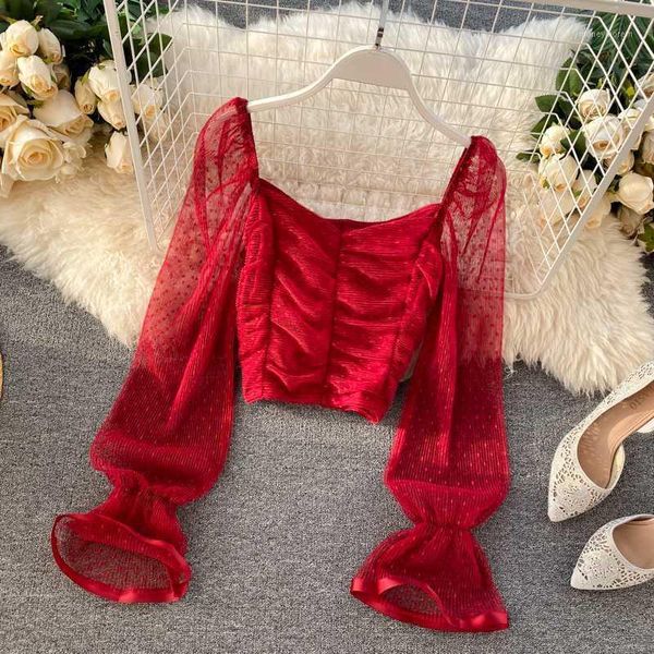 

women's blouses & shirts korean chic square collar puff long sleeve blouse women slim fit mesh patchwork short blusas solid pleat desig, White