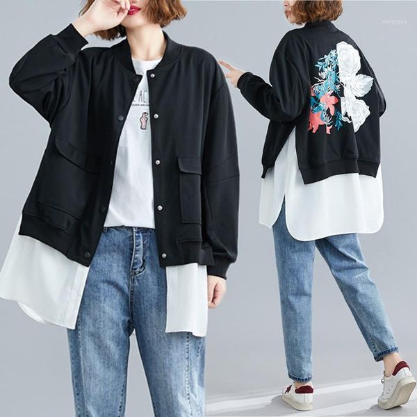 

big size 4xl spring autumn women fashion flower print spliced outwear ladies female large loose split cardigans jacket coat1, Black;brown