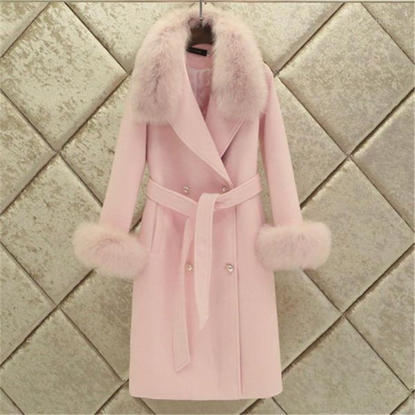 

fashion women woolen coat 2020 winter new slim solid pocket double-breasted big fur collar thick warm woolen coat female outwear1, Black