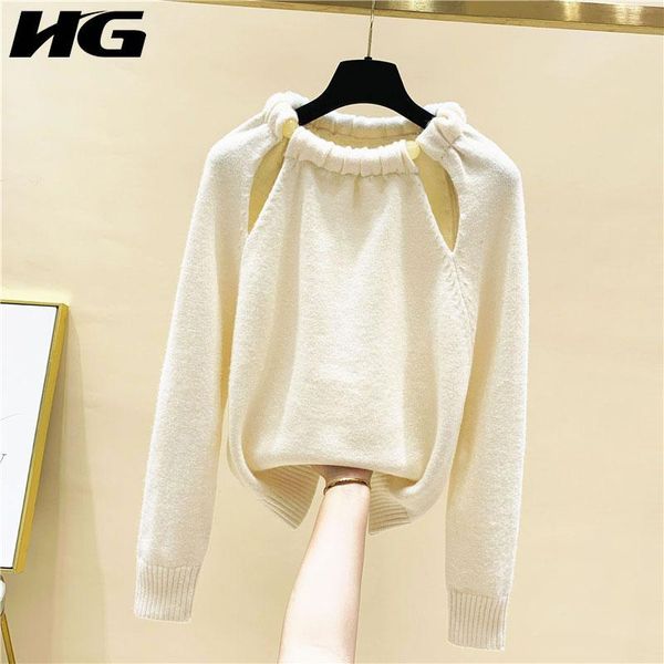 

women's sweaters hg fashion clavicle exposed sweater solid color knitting casual women o-neck collar pullover long sleeve loose zy3241, White;black