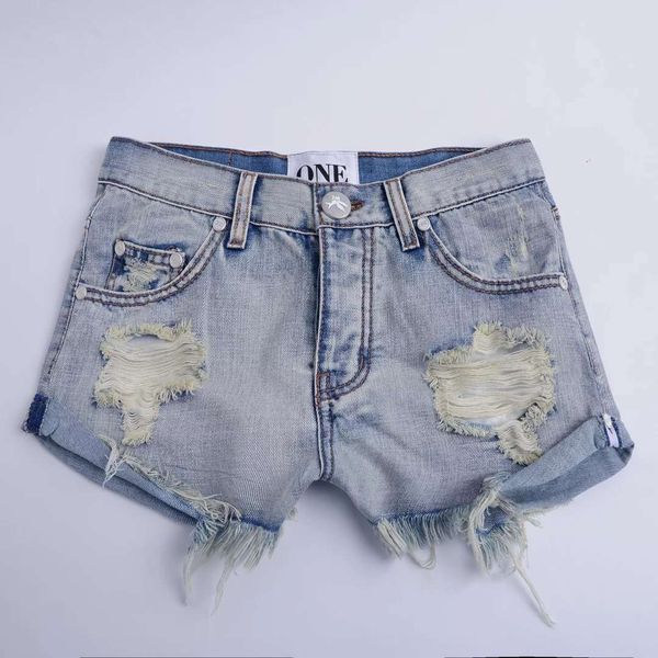 

heavy work perforated shorts hand worn denim hemmed loose low waisted women's pants, Blue