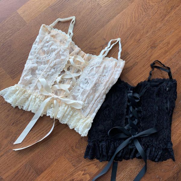 

crop woman 2020 spring summer lace straps hollow flower crochet lace-up lace frill spaghetti-strap women's camisole top, White