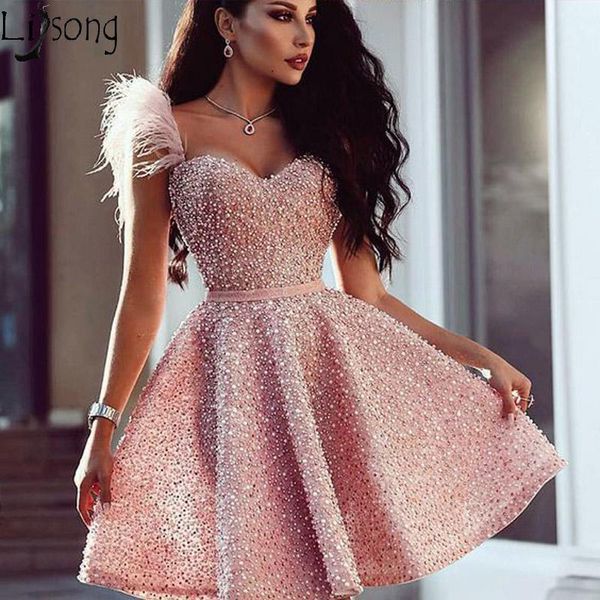 

a-line sweetheart pink beaded short prom dresses with feathers fashion women cocktail dress 2020 birthday formal party gowns, White;black