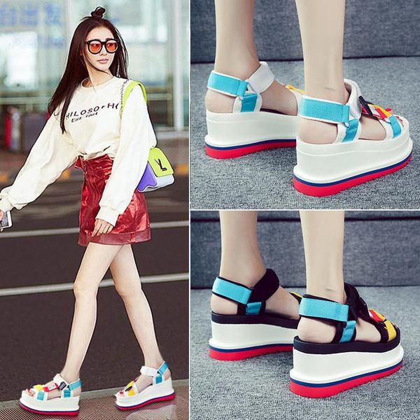 

thick-soled women's sandals 2021 summer new style thick-soled slope with increased women's casual high-heeled sandals women, Black