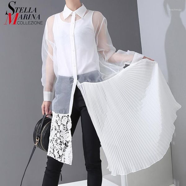 

new 2020 korean style women solid white shirt dress see-through lace pleated part joined ladies stylish straight dress robe 59121, Black;gray