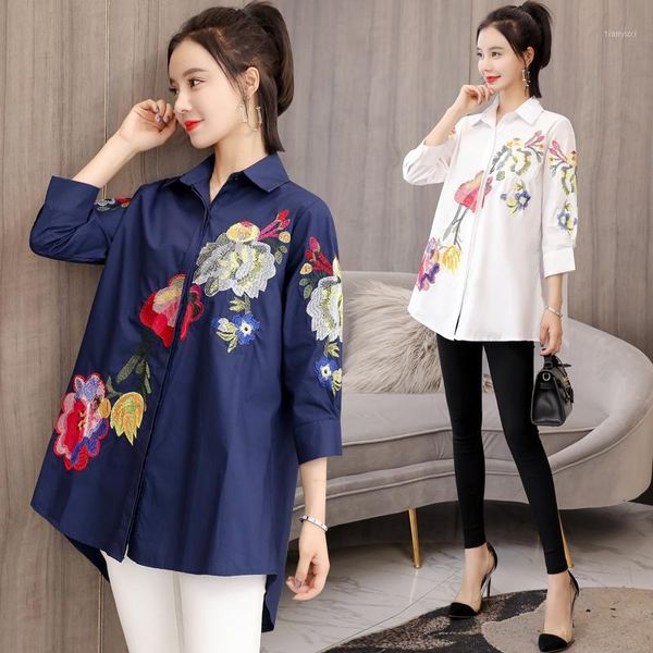 

vintage style floral spring blouses turn down collar irregular shirt women loose office ladies blouse fashion tide1, White
