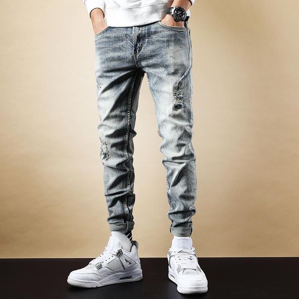 

korean style fashion men jeans retro blue elastic slim fit ripped denim pencil pants vintage designer destroyed long trousers