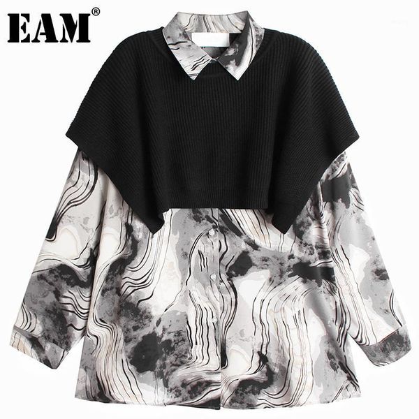 

eam] women black printed knitting big size blouse new lapel long sleeve loose fit shirt fashion tide spring autumn 2020 1db5771, White