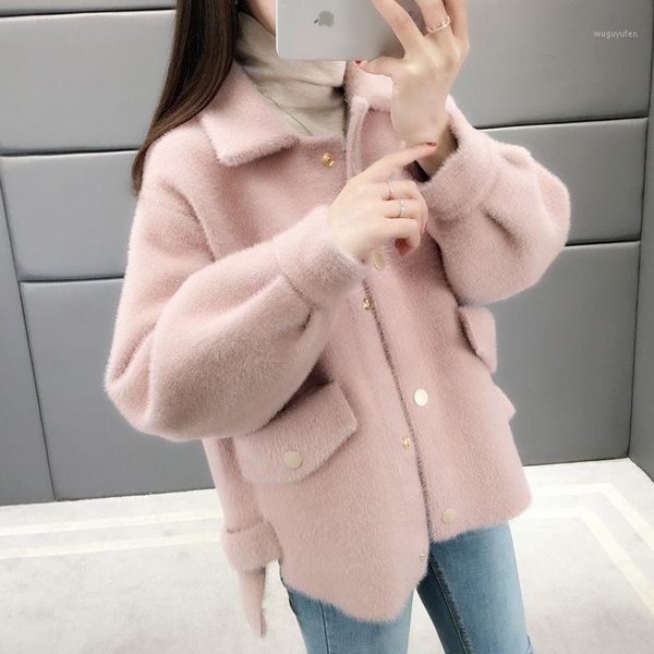 

coat female autumn and winter 2021 new loose solid color long-sleeved knit sweater cardigan women's clothing1, Black