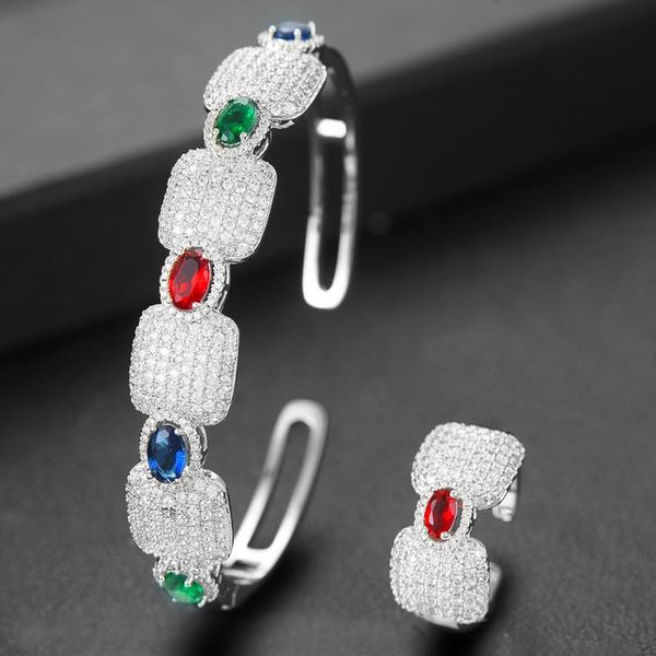 

godki jimbora 2pcs open bangle ring set crystal for women bridal engagement wedding party show daily jewelry, Silver