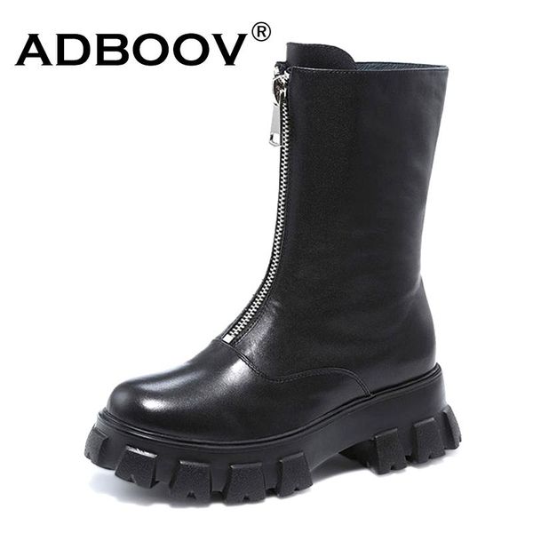 

boots adboov leather riding women front zip platform ankle chunky heels shoes, Black