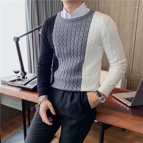 

autumn winter patchwork color knitted pullovers men clothing 2020 fashion coarse wool sweater o-neck slim mens casual sweaters1, White;black