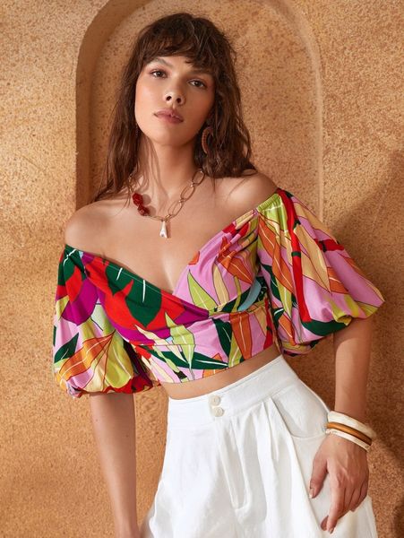 

off shoulder puff sleeve tropical y9iq#, White