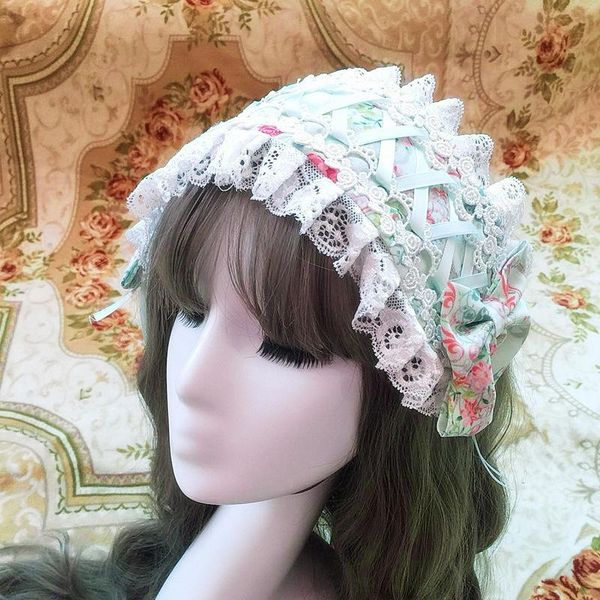 

fashion flower printing lolita wide lace headwear prom masquerade fancy ball girls headband headwear cosplay bow hair ribbon new