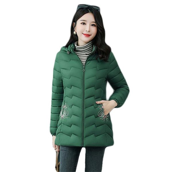 

women's down & parkas cotton jacket women vintage embroidery 2021 autumn winter korean fashion green loose hooded warmth coats lr956, Black