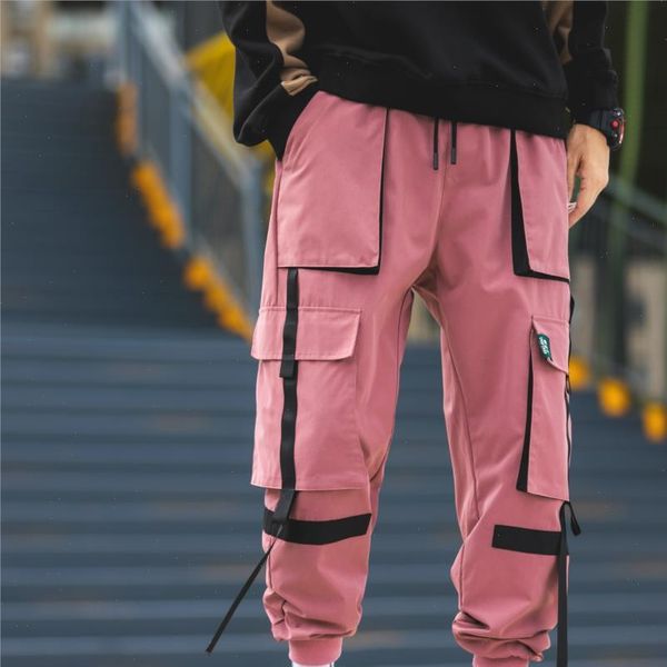 

autumn mens cargo pants polyester hip hop casual pants multi pocket tassel teen fashion loose cargo trousers men, Black