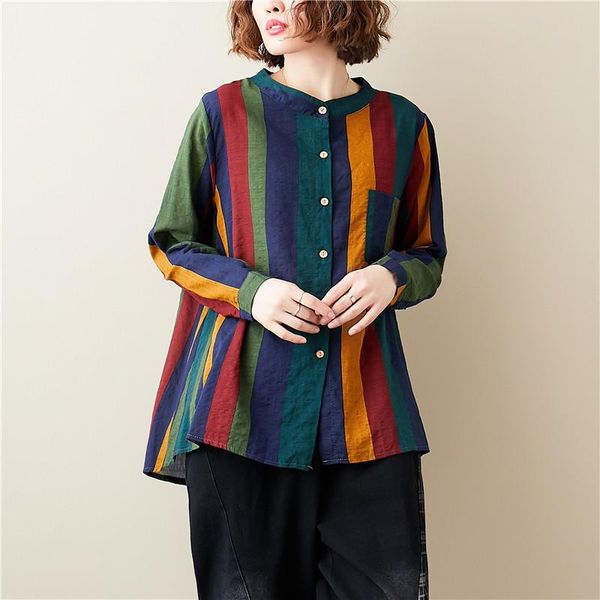 

multicolor striped shirt blouse women single breasted pocket irregular loose long sleeve cotton linen shirts autumn blusas, White