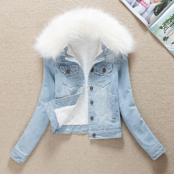 

denim jackets fur collar hooded warm parka winter jacket women lamb fur padded denim outwear female plus velvet coat zo012 201026, Black;brown