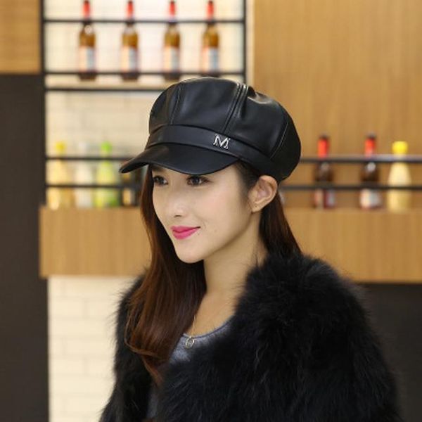

new pu leather beret hat winter hats for women men painter newsboy cap male vintage beret female black boinas england style hat bbyugk, Black;white