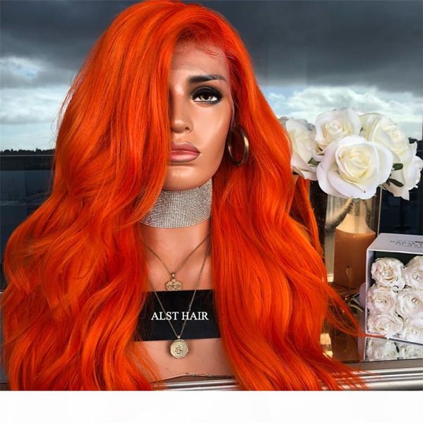 

orange cosplay new arrival remy virgin human hair colorful long body wave full front lace silk wig for women, Black;brown
