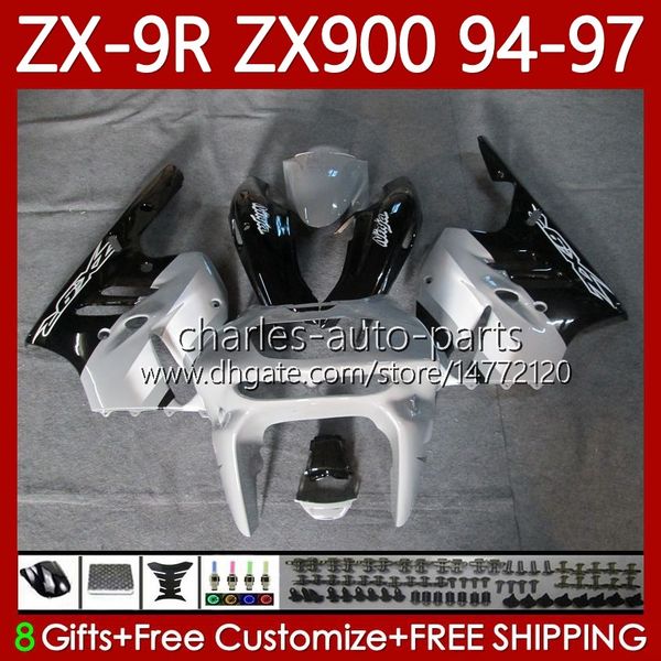 Kit de feiras pretas brancas para Kawasaki Ninja ZX-9R ZX 9R 9 R 900 CC ZX9 R ZX9R 94 95 96 97 Bodywork 100no.64 ZX900 900CC ZX-900 1994 1995 1997 ZX900C 94-97 OEM Moto