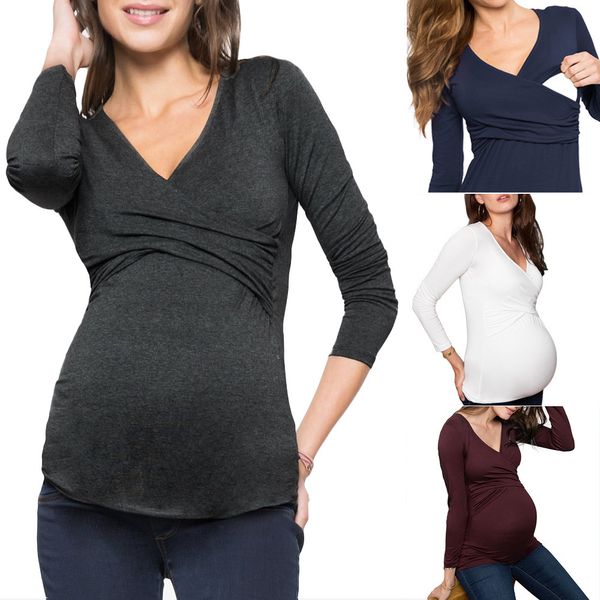 2020 Mutterschaft Langarm ausgestattet Baumwolle V-Ausschnitt weiche Schwangerschaft Shirts Mutterschaft Kleidung schwangere Tops Damen Kleidung LJ201119