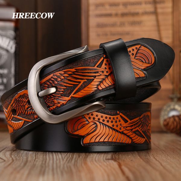 

punk handcrafted eagle shells belt layer leather belts for men pin buckle cowhide luxury strap 201112, Black;brown