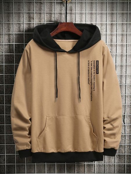

men slogan graphic color block kangaroo pocket drawstring hoodie j6yq#, Black