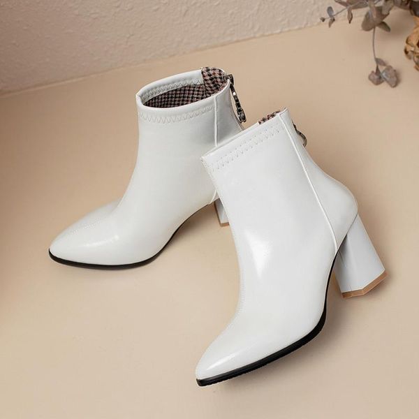 

ymechic 2020 autumn wedding office dress womens shoes pointed toe pu patent leather black white high heels ankle boots booties