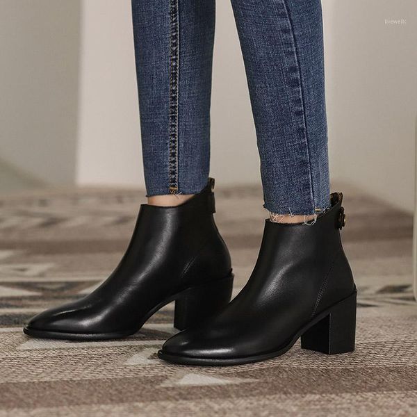 

boots mordoan genuine cow leather zipper platform high heel 2021 autumn brown short womanround toe ankle boots1, Black