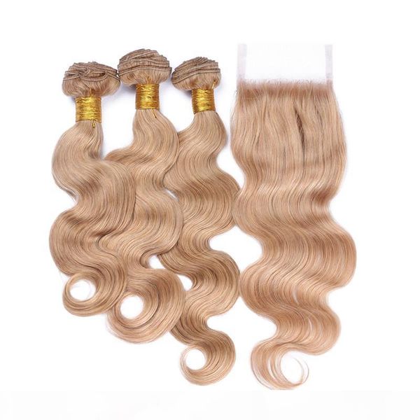 

#27 honey blonde human hair 4x4 lace closure with 3bundles 4pcs lot virgin indian strawberry blonde body wave human hair weaves with closure, Black;brown