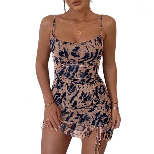 

women spaghetti strap leopard ink print bodycon mini dress off shoulder high waist side split drawstring cocktail party clu1, Black;gray