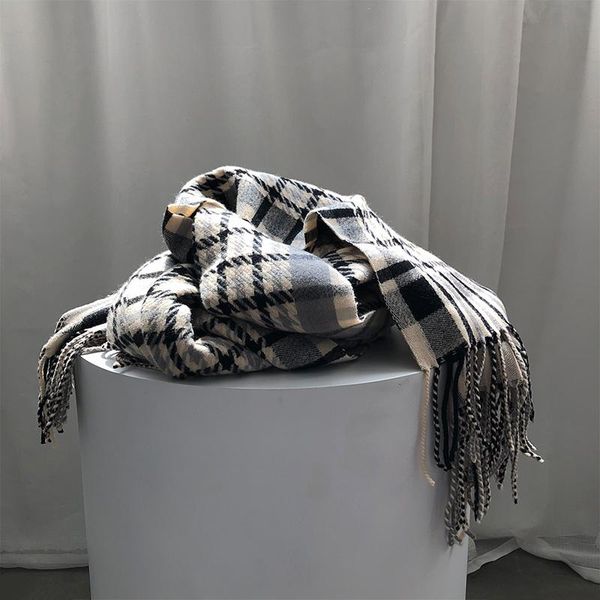 

2020 new vintage plaid cashmere scarf for women tassel british style shawl for women winter thick warm blanket scarf, Blue;gray