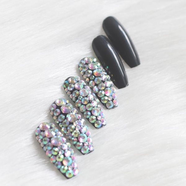 

24pcs black high-end salon ballet coffin diy crystal glitter handmade fake nails, Red;gold