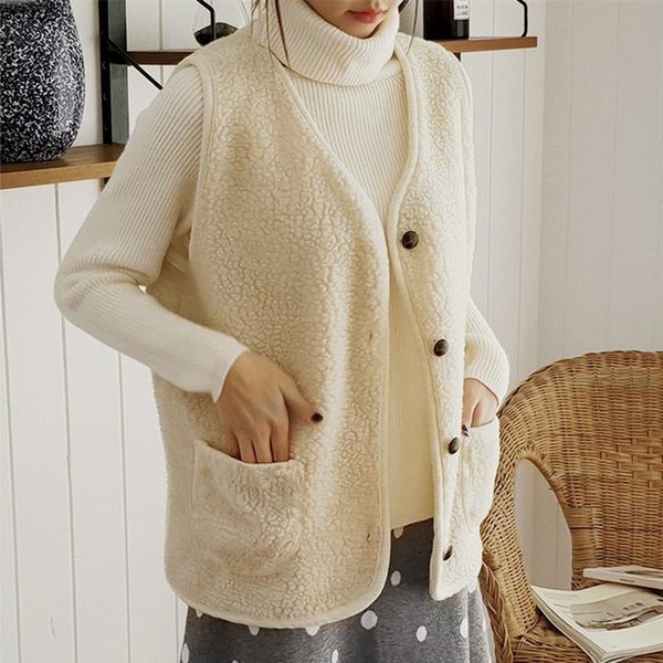 

women's vests autumn winter women casual all-match v-neck thin lamb wool sleeveless vest jacket, Black;white