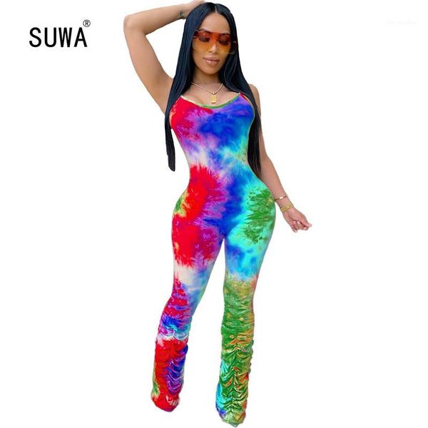 

2020 summer women jumpsuits tie-dye print sleeveless high waist rompers night club party elegant street outfits, Black;white