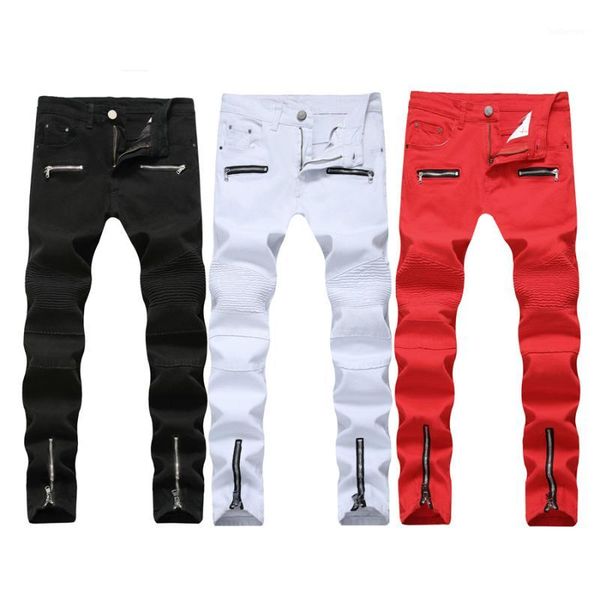 

2018 new skinny biker jeans men motorcycle stretch cargo denim jeans with zippers pleated slim jean men's plus size 40 42 pants1, Blue
