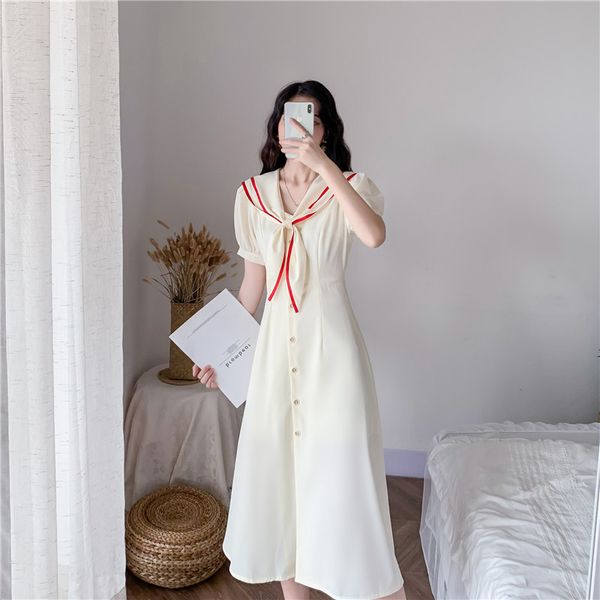 

2021 new portrait british sea turtleneck thin female contrast line vintage with short sleeves high waist dress si50, Black;gray
