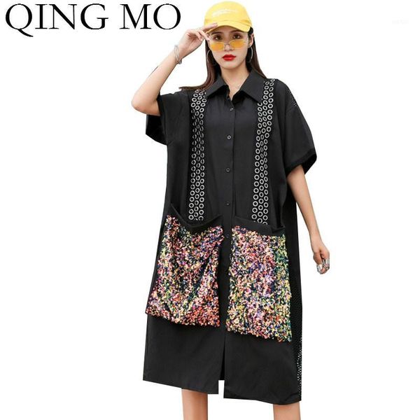 

qing mo black women lapel blouse dress 2020 women colorful sequin dress female holes hollow out with metal rings zqy47641, Black;gray