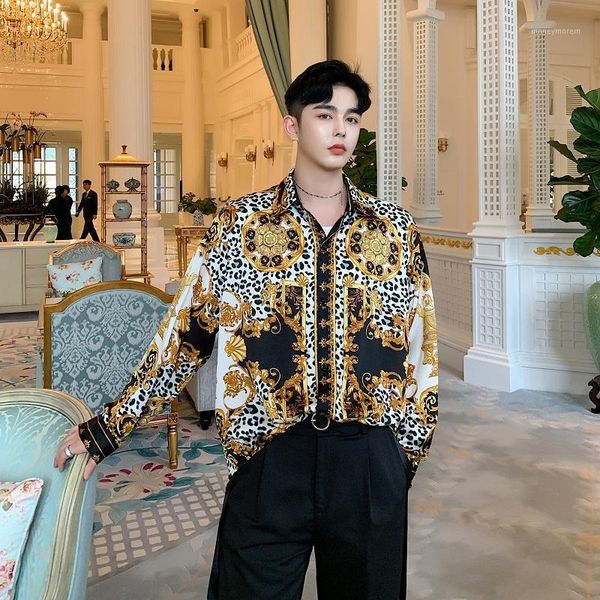 

male streetwear hip hop party dress shirts stage show costumes men long sleeve satin style vintage print loose casual chic shirt1, White;black